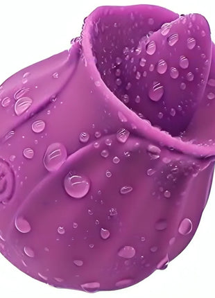Armony fig-vibrator mit zunge in leuchtendem lila silikon mit rosenform und glänzender wasserperlenoberfläche