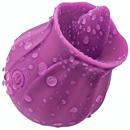 Armony fig-vibrator mit zunge in leuchtendem lila silikon mit rosenform und glänzender wasserperlenoberfläche