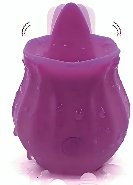 Purple silikon rosengeformter vibrator armony mit zunge texturierter glänzender oberfläche und wassertropfen