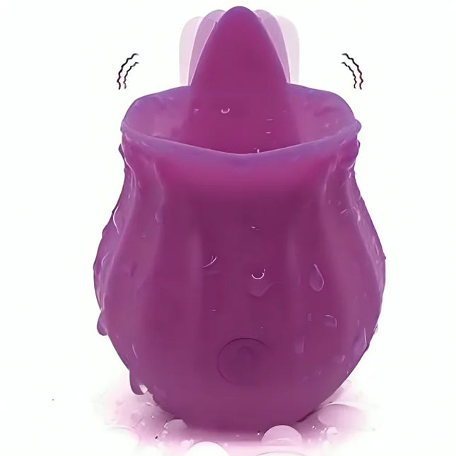 Purple silikon rosengeformter vibrator armony mit zunge texturierter glänzender oberfläche und wassertropfen