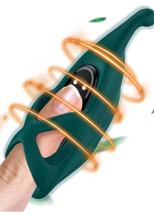 Dunkelgrüner silikon fingerstimulator armomy mit schwarzem knopf und leuchtenden orangen energie Linien