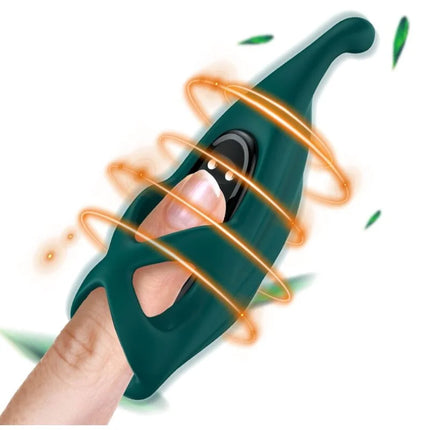 Dunkelgrüner silikon fingerstimulator armomy mit schwarzem knopf und leuchtenden orangen energie Linien