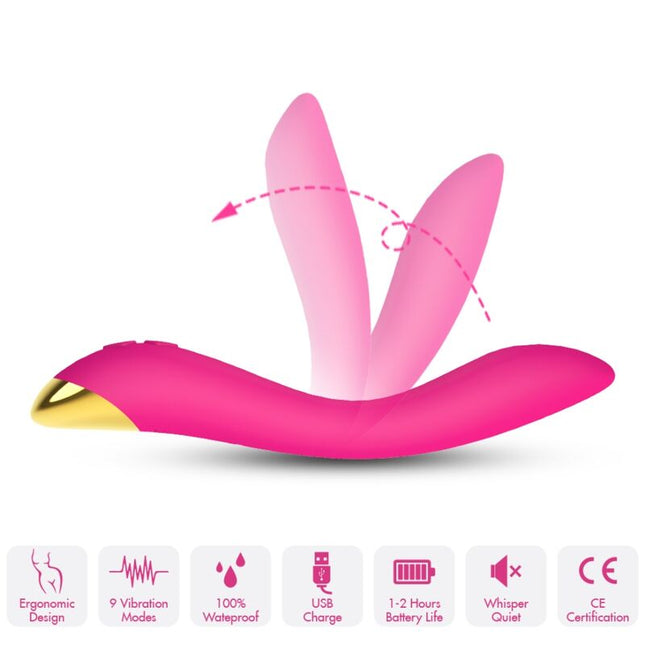 Pink und goldfarbener silikon vibrator arsony flamingo mit drei gebogenen prongs für multipositionale nutzung