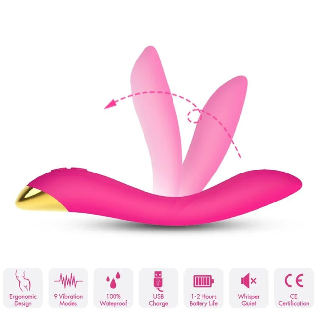 Pink und goldfarbener silikon vibrator arsony flamingo mit drei gebogenen prongs für multipositionale nutzung