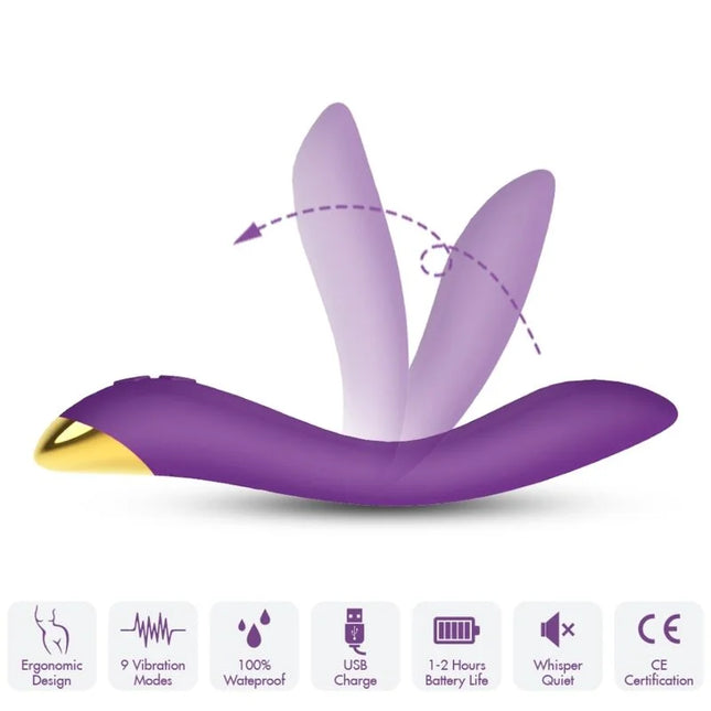 Lila und goldfarbener silikon vibrator harmony flamingo mit drei blattförmigen prongs für multipositionen