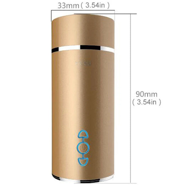 Goldfarbener Edelstahl-Reisemug mit schlankem zylindrischem Design und silbernen Akzenten bei Armony Vibrator Masturbator