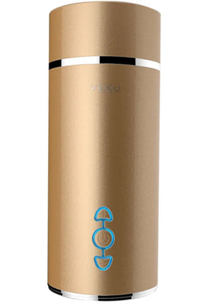 Armony goldener vagina-vibrator-masturbator in goldfarbener metallischer zylindrischer form mit silbernen akzenten und blau beleuchtetem power-knopf