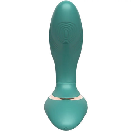 Teal silikon vibrierender zauberstab mit rosegold akzentband im produkt harmony grüner flexibler sauger und flutter