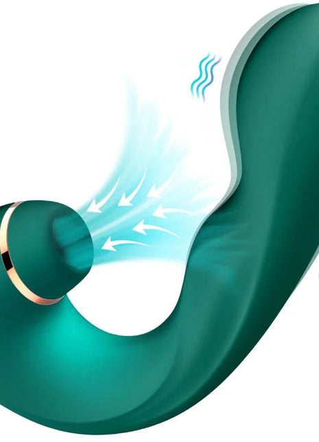 Teal silikon vibrator mit goldakzenten und rundem sockel im flexiblen und gebogenen design von harmony