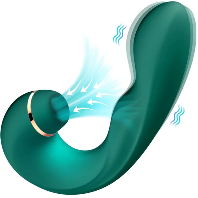Teal silikon vibrator mit goldakzenten und rundem sockel im flexiblen und gebogenen design von harmony