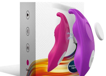 Lila und pinke silikon vibrator mit weißen kreistasten neben der verpackung des harmony honeybee tragbares höschens G-spot mit fernbedienung