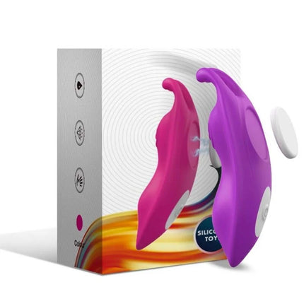 Lila und pinke silikon vibrator mit weißen kreistasten neben der verpackung des harmony honeybee tragbares höschens G-spot mit fernbedienung