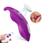 Lila silikon fernbedienbarer g punkt vibrator harmony honeybee mit weißer kreisförmiger basis und fernbedienung