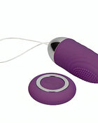 Violettes silikon vibrierendes ei mit silberner metallkappe und strukturierter griffigkeit mit fernbedienung
