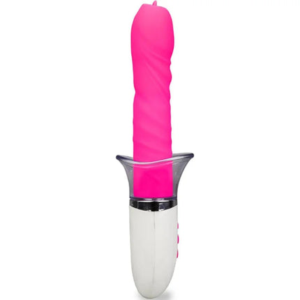 Ein pinker, strukturierter silikonstab mit klarem plastikfuß und weißem griff für armoNY liberty vibrator und stiefen mit der zunge