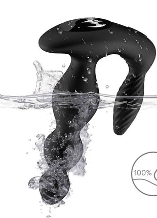 Schwarzer silikon wasserdichter harmony manfun vibrator und stimulator anal plug mit strukturierter griffigkeit und logo oben