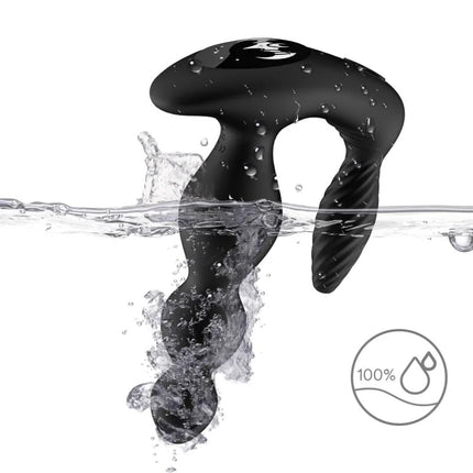 Schwarzer silikon wasserdichter harmony manfun vibrator und stimulator anal plug mit strukturierter griffigkeit und logo oben