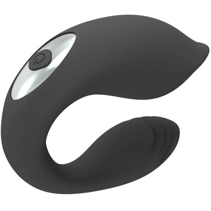 Schwarzer silikon vibrator für paare harmony martha mit silbernem power-knopf auf der gebogenen oberfläche