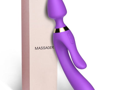 Lila silikonmassager mit goldfarbener akzentband und doppelseitigem design für entspannende massage