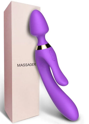 Lila silikonmassager mit goldfarbener akzentband und doppelseitigem design für entspannende massage