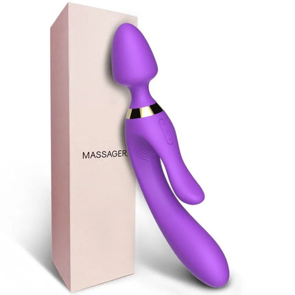 Lila silikonmassager mit goldfarbener akzentband und doppelseitigem design für entspannende massage