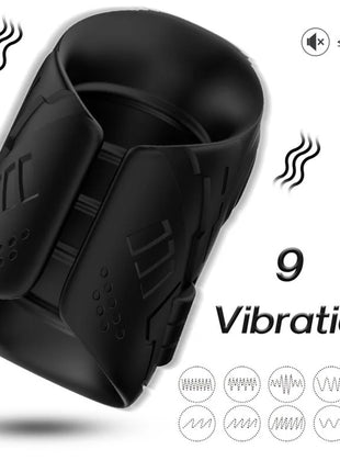Schwarzes silikonarmband mit strukturierter griffoberfläche und eingeprägtem logo für vibrations therapie im harmony masturbator und vibrator schwarz