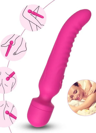 Vibranter pinker silikon massager mit strukturierter, gebogener form und abgerundetem kopf im armonat mission massager wärmffekt fuchsia