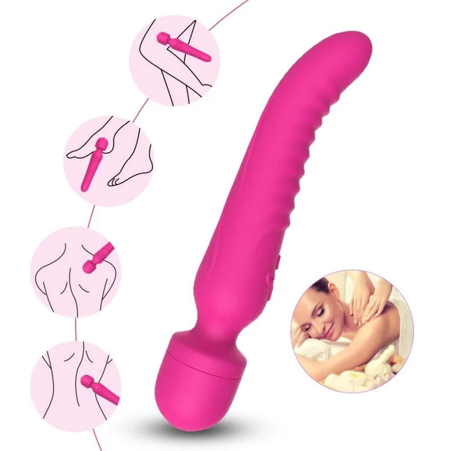 Vibranter pinker silikon massager mit strukturierter, gebogener form und abgerundetem kopf im armonat mission massager wärmffekt fuchsia