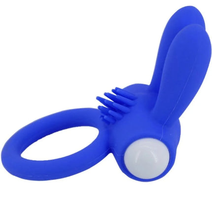Armony mr bunny vibratorring silikon blau in hasenform mit weißem knopf und borstiger textur auf der rückseite