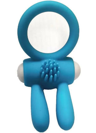 Blauer silikonring harmony mr bunny vibratorring mit strukturierter borstenmitte und weißen abgerundeten enden