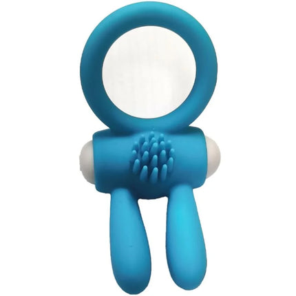 Blauer silikonring harmony mr bunny vibratorring mit strukturierter borstenmitte und weißen abgerundeten enden
