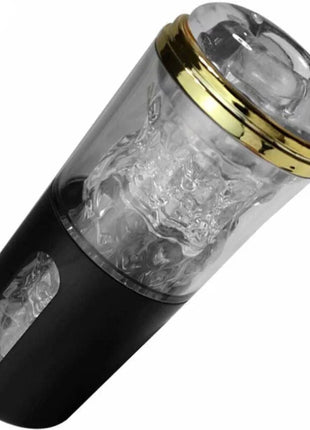 Armony noir diskreter handmasturbator mit klarem zylinder aus glas, goldfarbener metallrand und schwarzem fuß