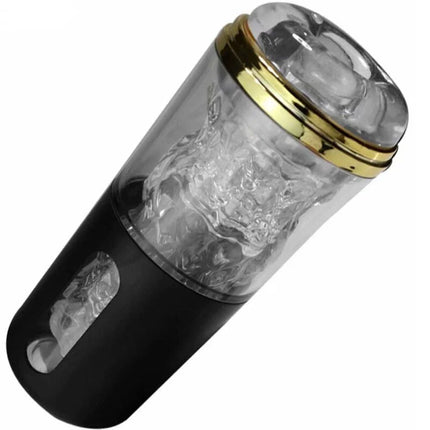 Armony noir diskreter handmasturbator mit klarem zylinder aus glas, goldfarbener metallrand und schwarzem fuß