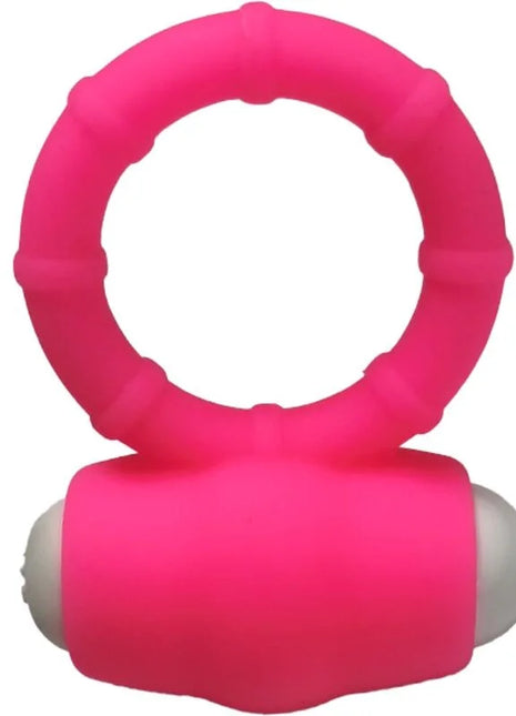 Armony power o vibratorring silikon rosa mit strukturierter segmentierung und abgerundetem grund mit zwei weißen kugeln