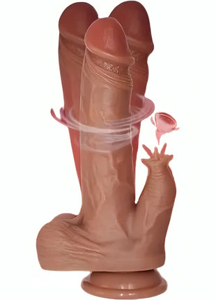 Tanfarbener silikon vibrator und stoßdildo mit zungenstimulator und handförmiger basis 22 cm lang