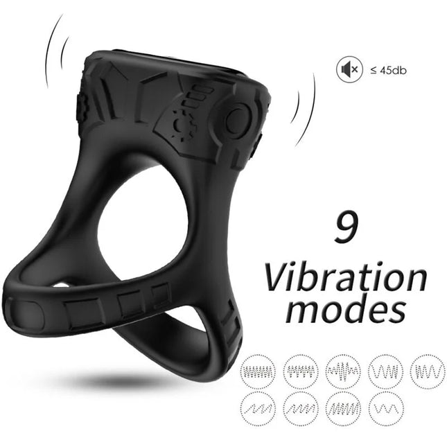 Schwarzer silikonring armory mit texturierten zahnradmustern und runder öffnung als ringvibrator und multiposition