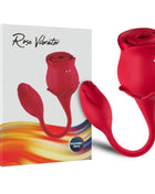 Roter silikon vibrator in rosenform mit gebogenem stiel und steuerungstasten auf den blütenblättern