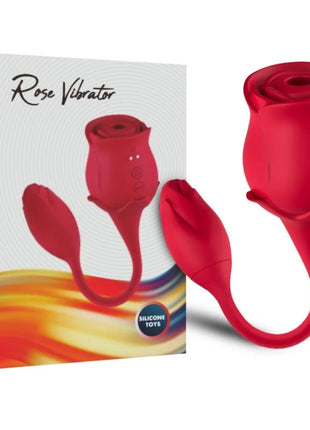 Roter silikon vibrator in rosenform mit gebogenem stiel und steuerungstasten auf den blütenblättern