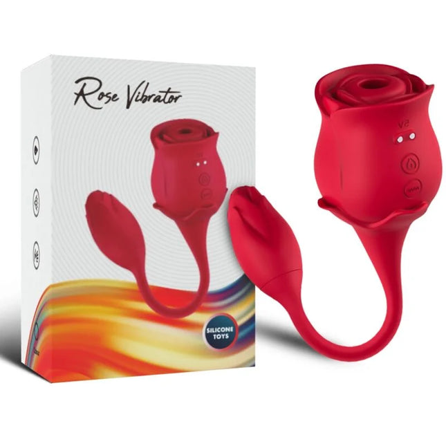 Roter silikon vibrator in rosenform mit gebogenem stiel und steuerungstasten auf den blütenblättern