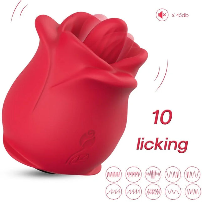 Ein lebhafter roter silikon vibrator in rosenform mit glatter glänzender oberfläche und dezenten blütenblattdetails