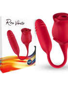 Roter silikon vibrator in rosenform mit gebogenem stiel und steuerungstasten auf der blüte für klitorisstimulation