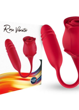 Roter silikon vibrator in rosenform mit gebogenem stiel und steuerungstasten auf der blüte für klitorisstimulation