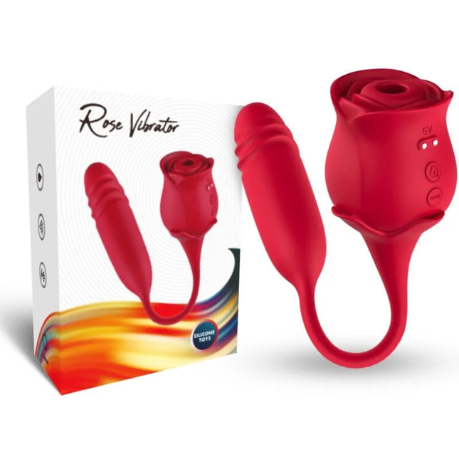 Roter silikon vibrator in rosenform mit gebogenem stiel und steuerungstasten auf der blüte für klitorisstimulation