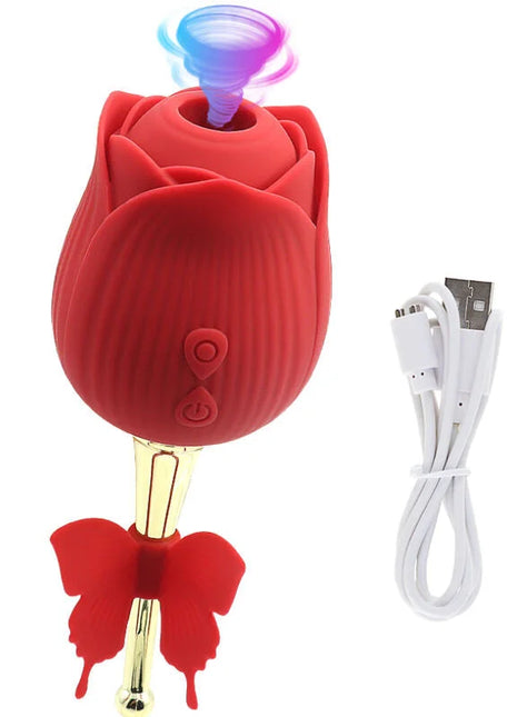 Roter armony schmetterlingsblume sauger vibrator aus silikon mit goldfarbenem stiel und leuchtender blauvioletter spitze