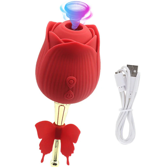 Roter armony schmetterlingsblume sauger vibrator aus silikon mit goldfarbenem stiel und leuchtender blauvioletter spitze