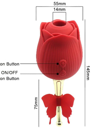 Roter silikon vibibrator in rosenform mit goldfarbenem stiel und schmetterlingsförmiger basis ar оMONY schmetterlingsblume