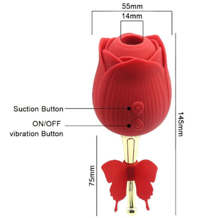 Roter silikon vibibrator in rosenform mit goldfarbenem stiel und schmetterlingsförmiger basis ar оMONY schmetterlingsblume