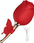 Roter silikon vibrator in rosenform mit goldfarbenem stiel und schmetterlingsakzent aus der armony serie
