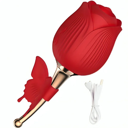 Roter silikon vibrator in rosenform mit goldfarbenem stiel und schmetterlingsakzent aus der armony serie