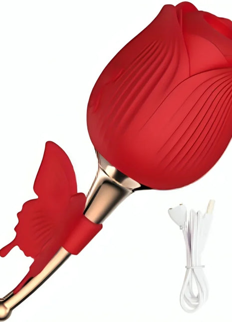 Roter silikon vibrator in rosenform mit goldfarbenem stiel und schmetterlingsakzent aus der armony serie